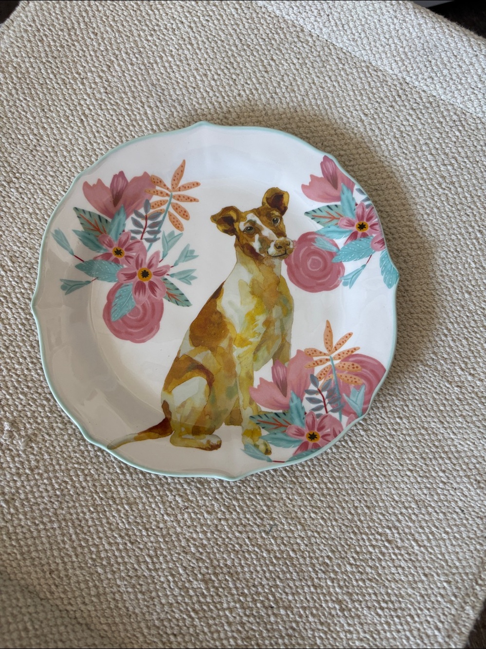 Brown Dog scalloped desert Plate pink and blue floral